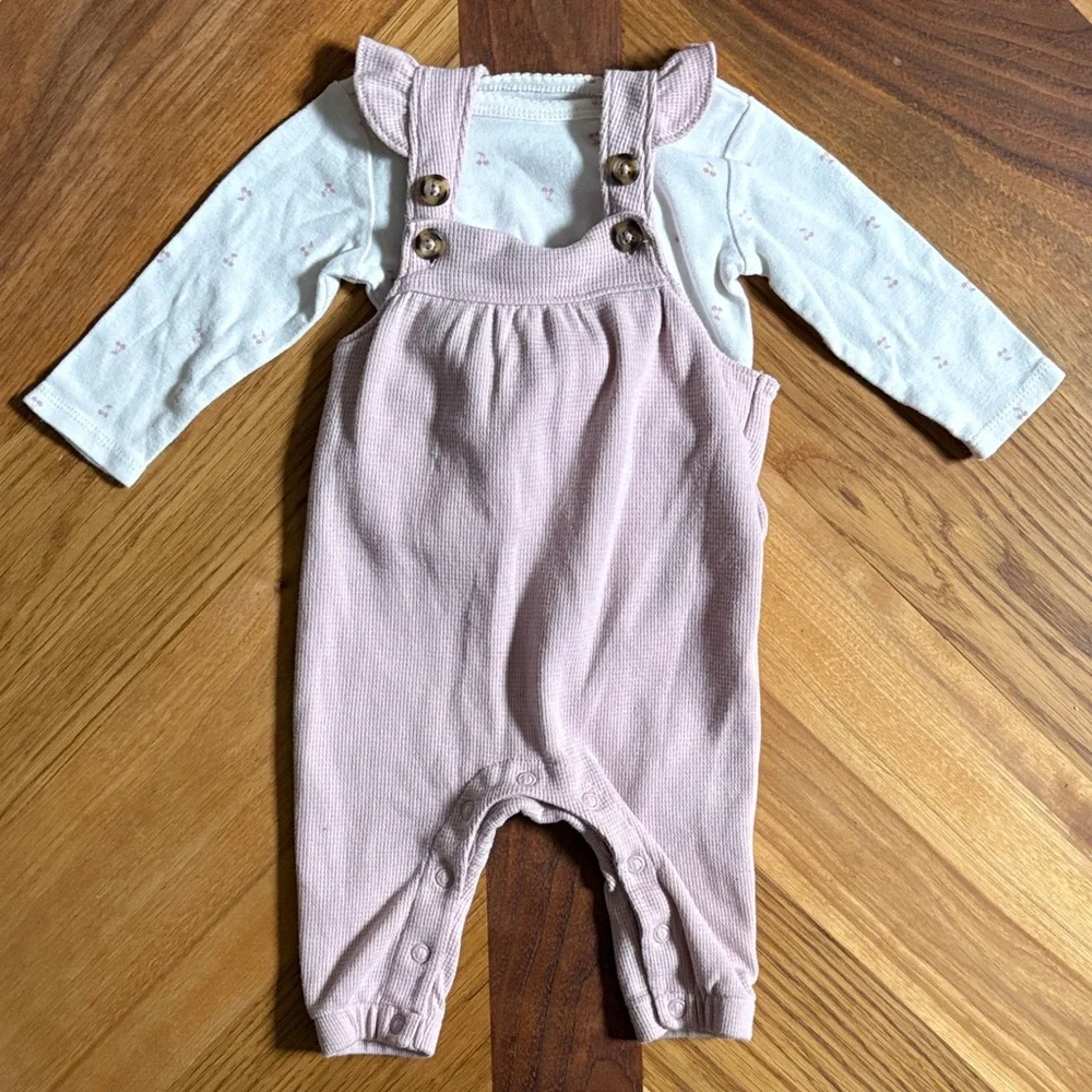 Carter's 0-3 Month Light Pink Ruffled Overalls & Long Sleeve Cherry Top